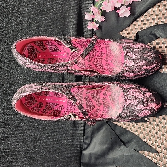 Sz 9 Pink & Black lace Bordello heels - Picture 4 of 6